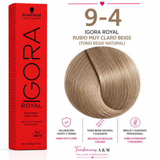 Igora Royal 9-4 – Rubio Muy Claro Beige | Tinte Permanente Profesional