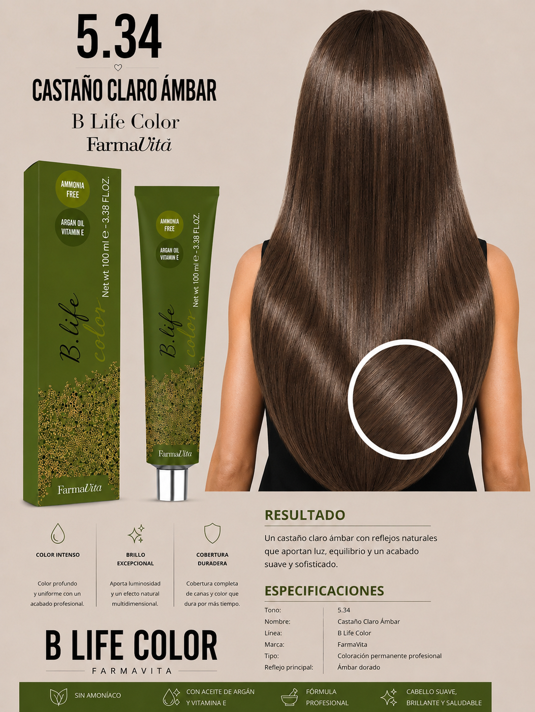 🤎✨ B Life Color Farmavita 5.34 – Castaño Claro Ámbar ✨