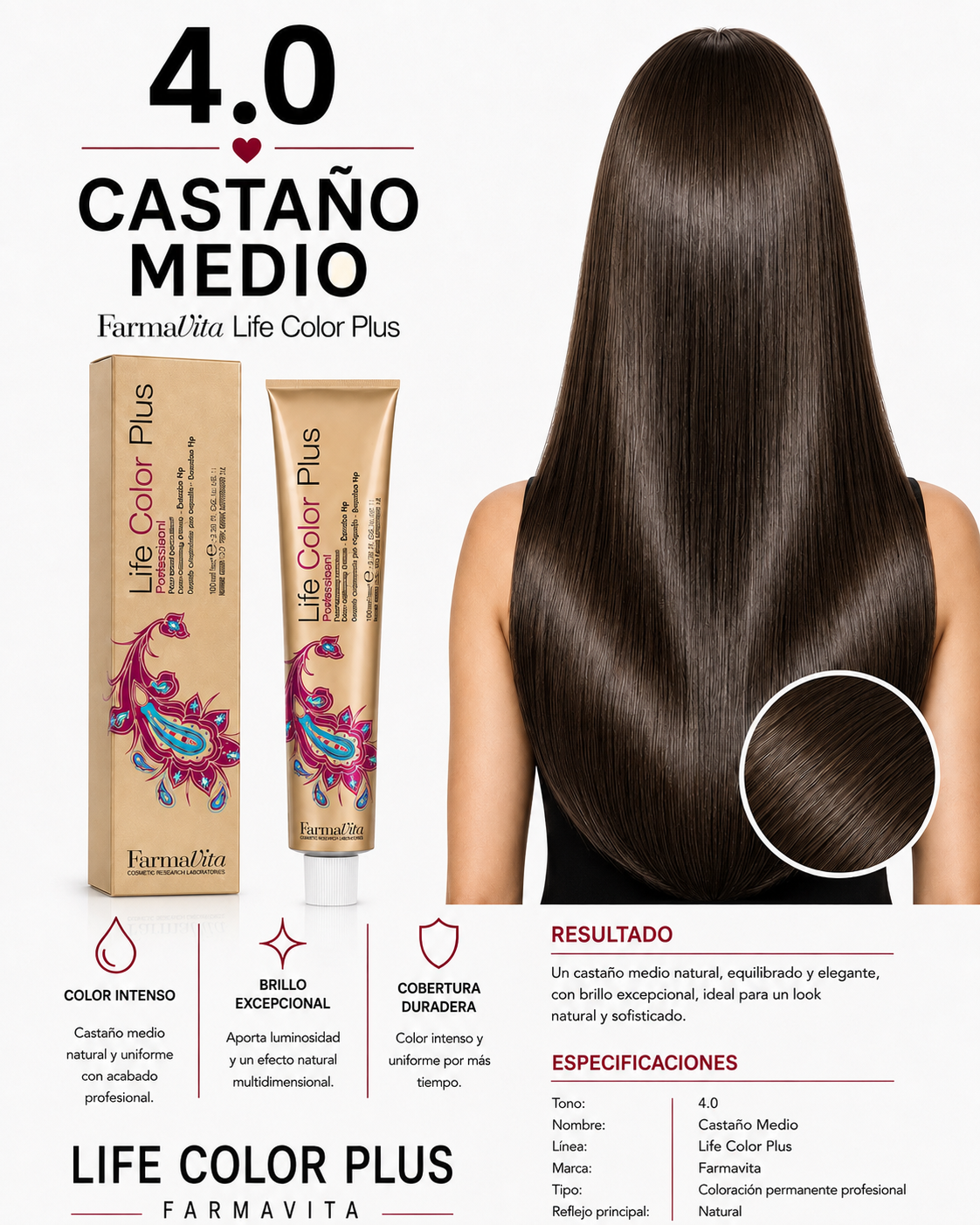 Farmavita Life Color Plus 4.0 Castaño Medio – Tintura Profesional 100 ml