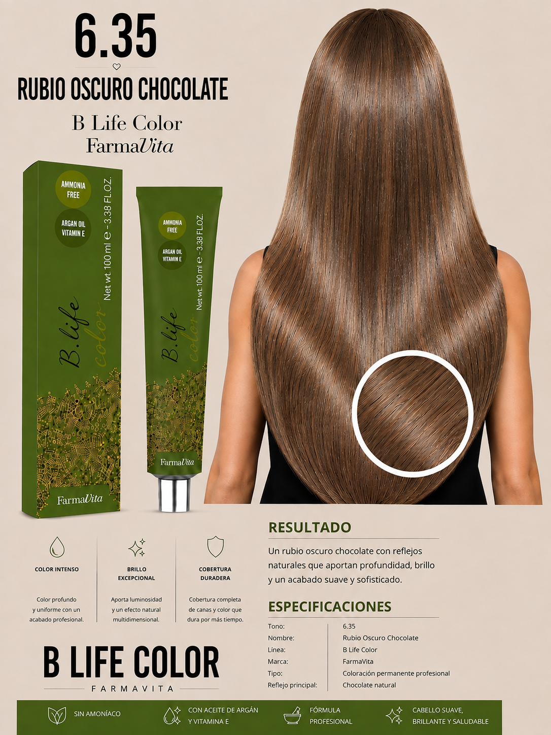 ✨ B Life Color Farmavita 6.35 – Rubio Oscuro Chocolate 🍫🤎