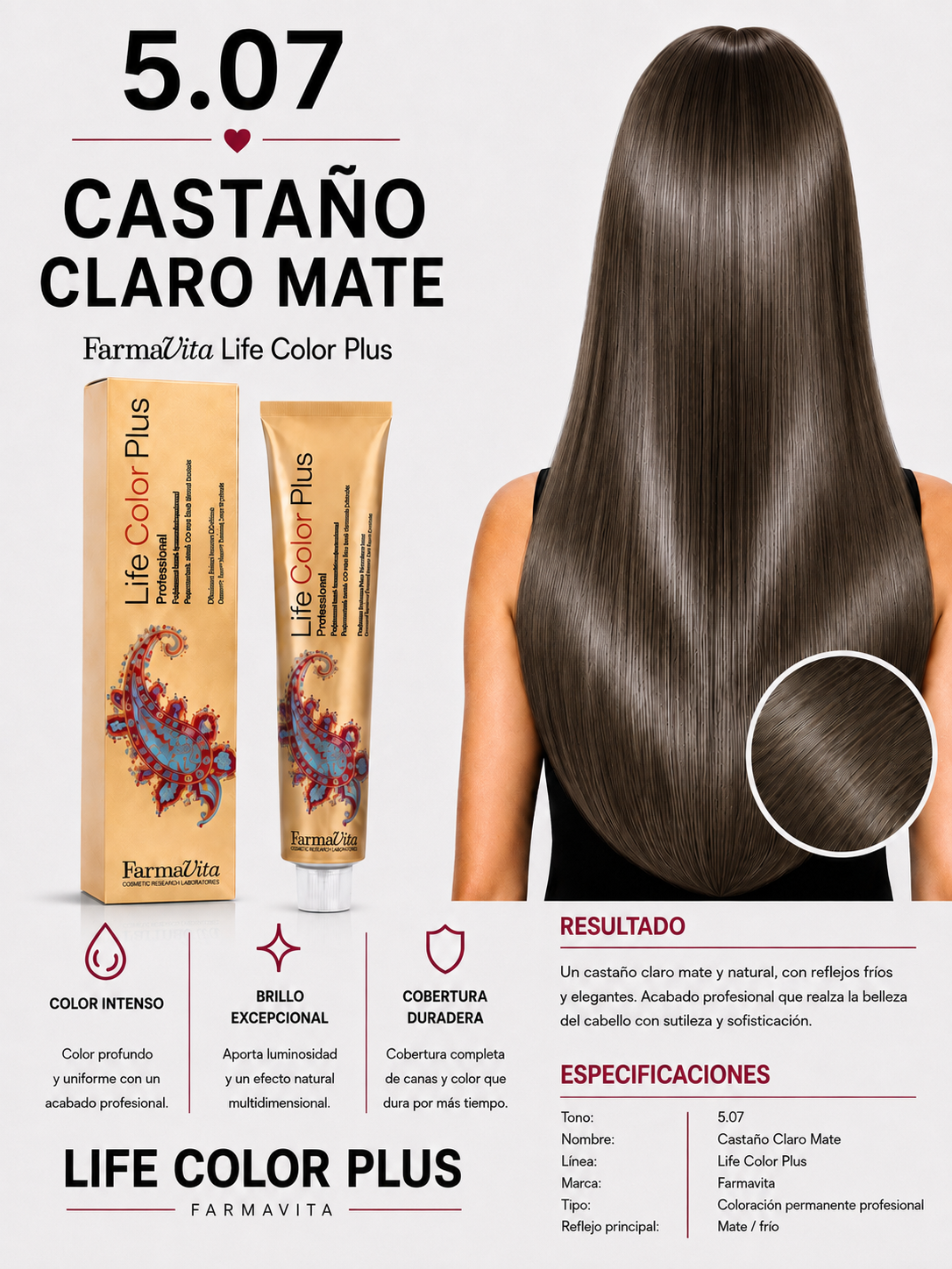 Farmavita Life Color Plus 5.07 Castaño Claro Mate – Tintura Profesional 100 ml