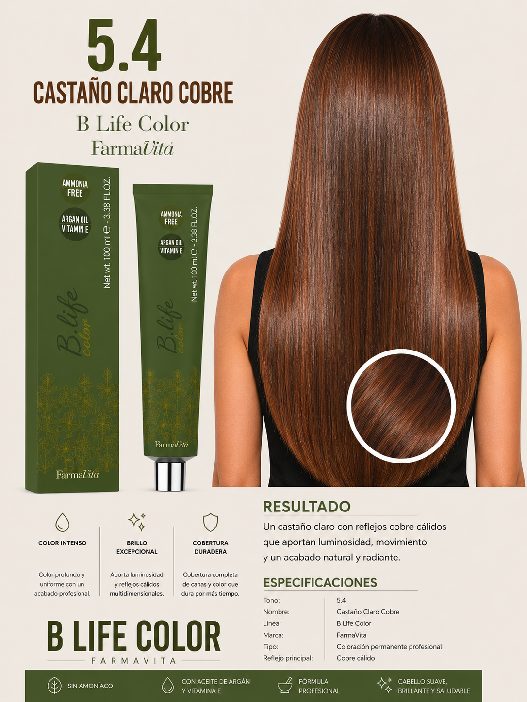 5.4 Castaño Claro Cobre – B Life Color FarmaVita 🤎🧡
