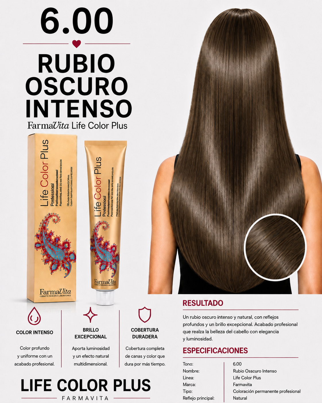 Farmavita Life Color Plus 6.00 Rubio Oscuro Intenso – Tintura Profesional 100 ml
