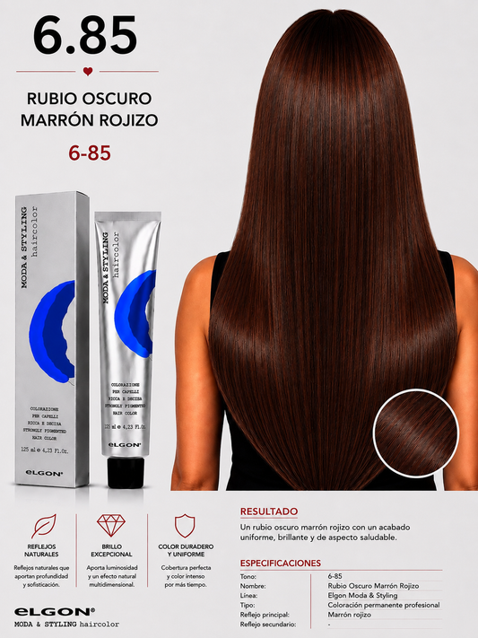 Elgon Moda & Styling 6.85 Rubio Oscuro Marrón Rojizo | Tintura Profesional Permanente 125 ml