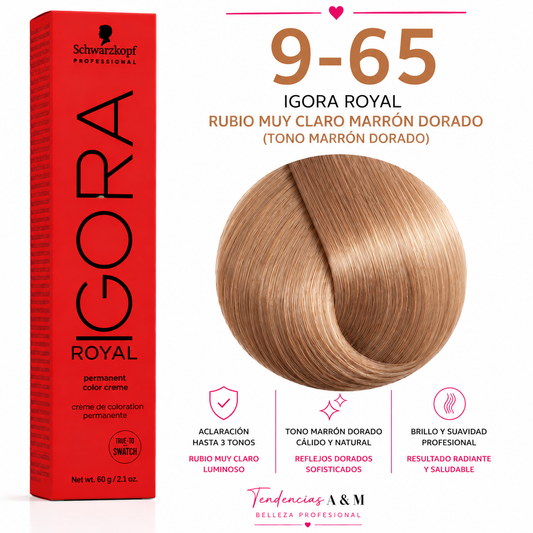 Igora Royal 9-65 – Rubio Muy Claro Marrón Dorado | Tinte Permanente Profesional