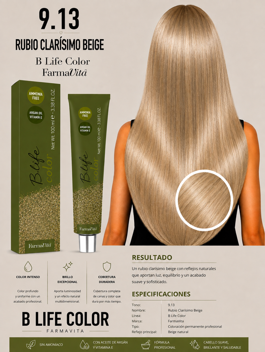 ✨ Tinte B Life Color FarmaVita 9.13 – Rubio Clarísimo Beige ✨