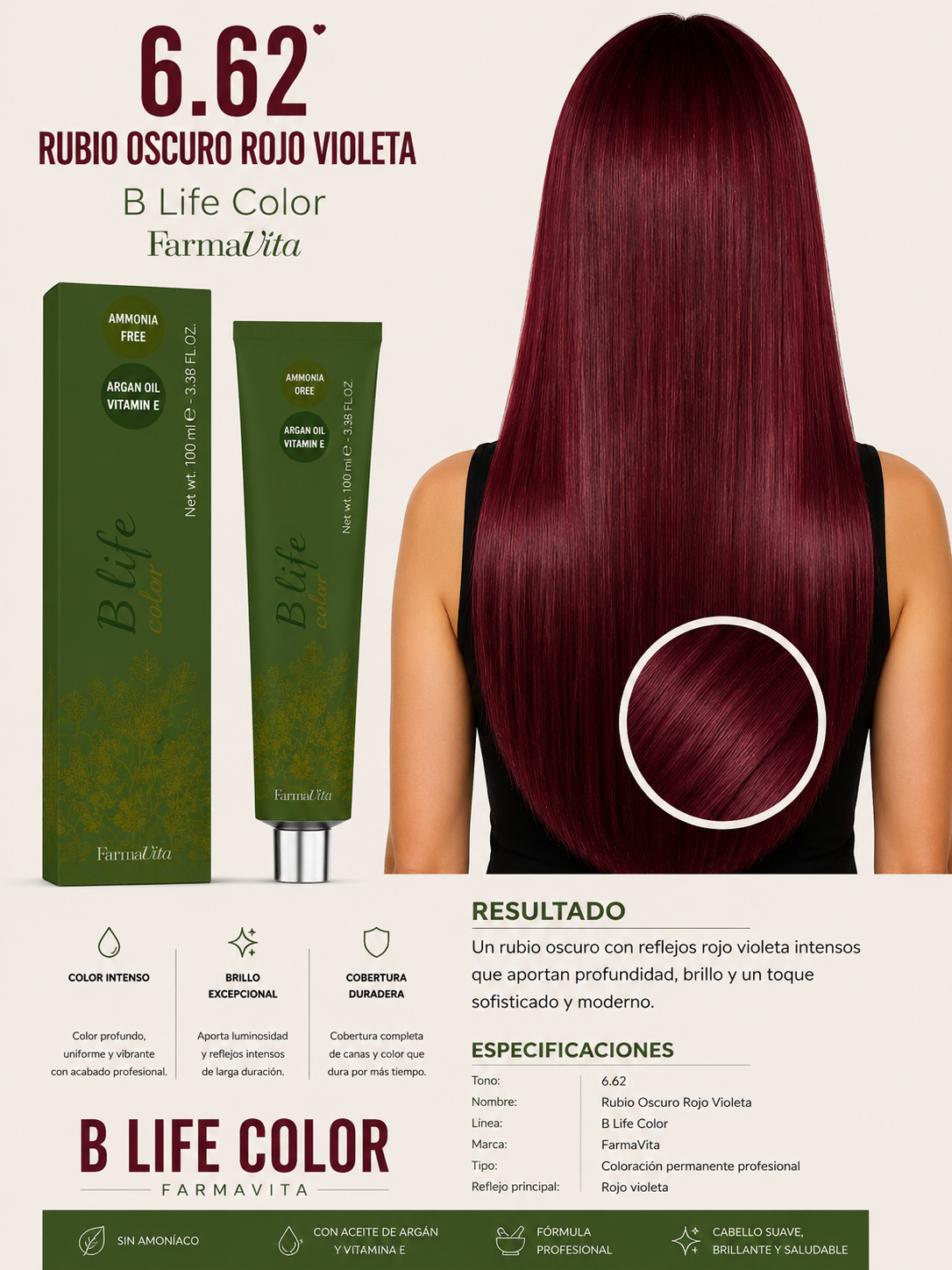 6.62 Rubio Oscuro Rojo Violeta – B Life Color FarmaVita 🍷✨