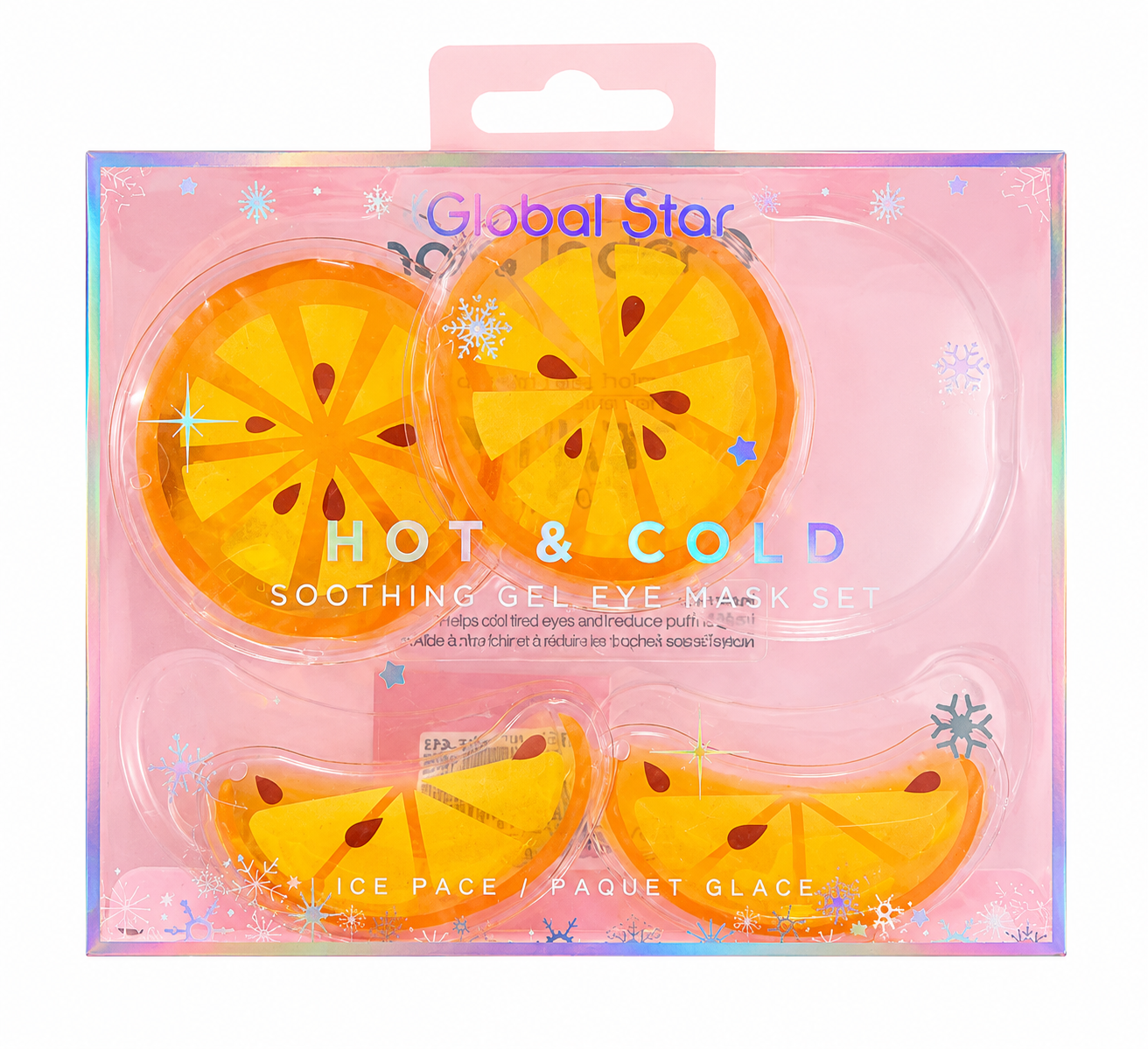 Global Star Hot & Cold Soothing Gel Eye Mask Set – Pepino 🥒– Flor Rosa 🌸– Margarita 🌼-🍊 Naranja