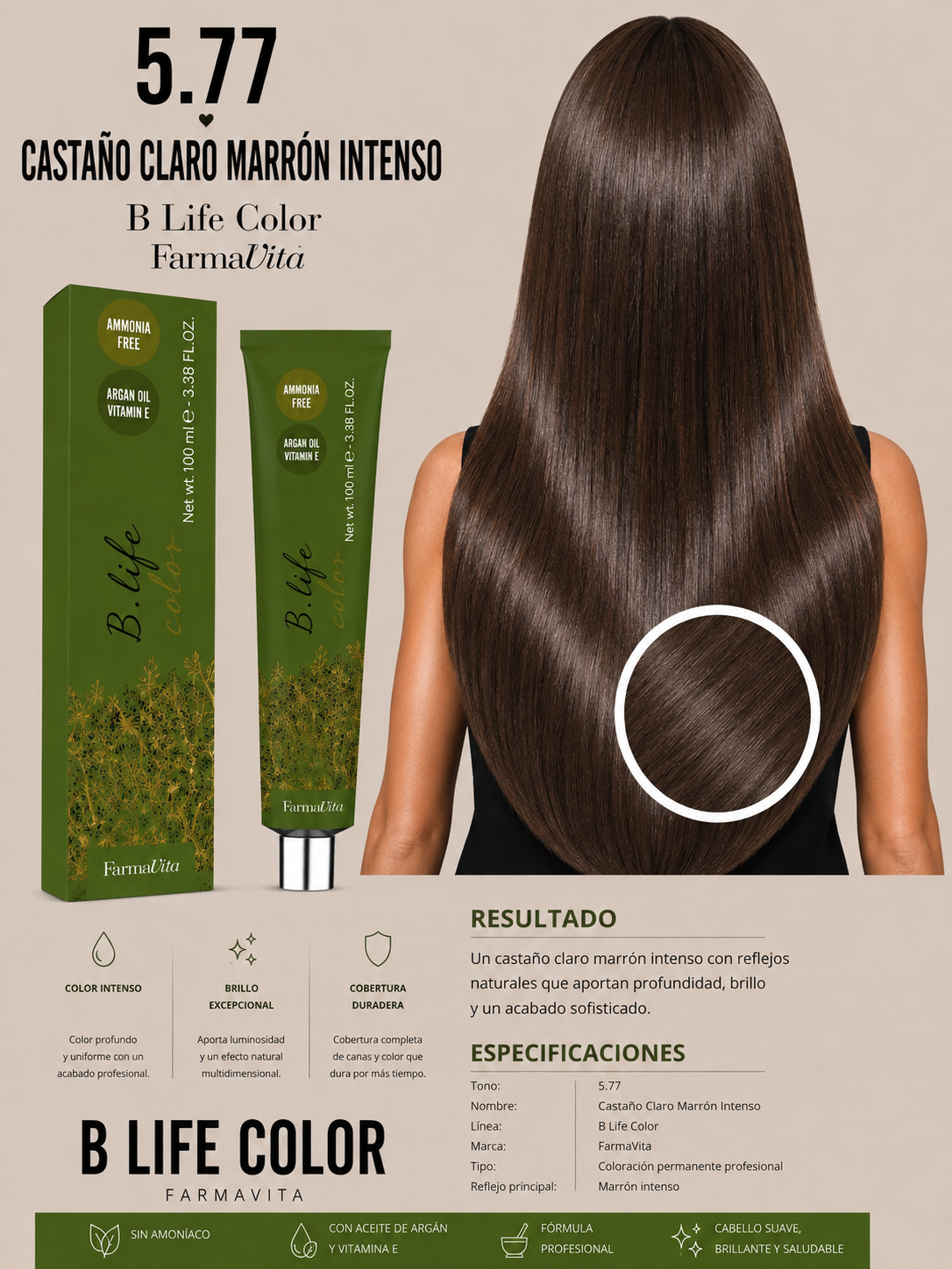 🤎✨ B Life Color Farmavita 5.77 – Castaño Claro Marrón Intenso ✨