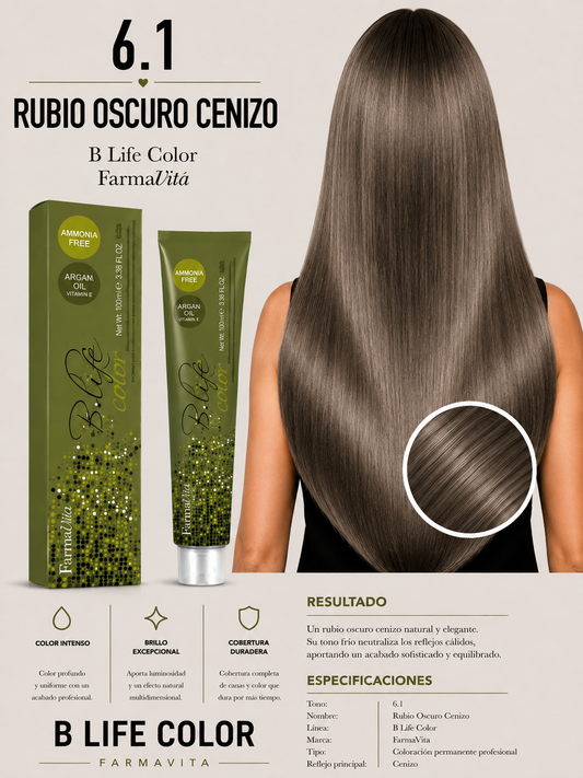 🩶 TINTURA B LIFE COLOR FARMAVITA 6.1 RUBIO OSCURO CENIZO 🩶
