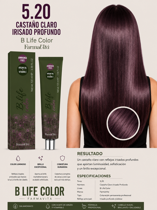 💜 Tinte B Life Color FarmaVita 5.20 – Castaño Claro Irisado Profundo