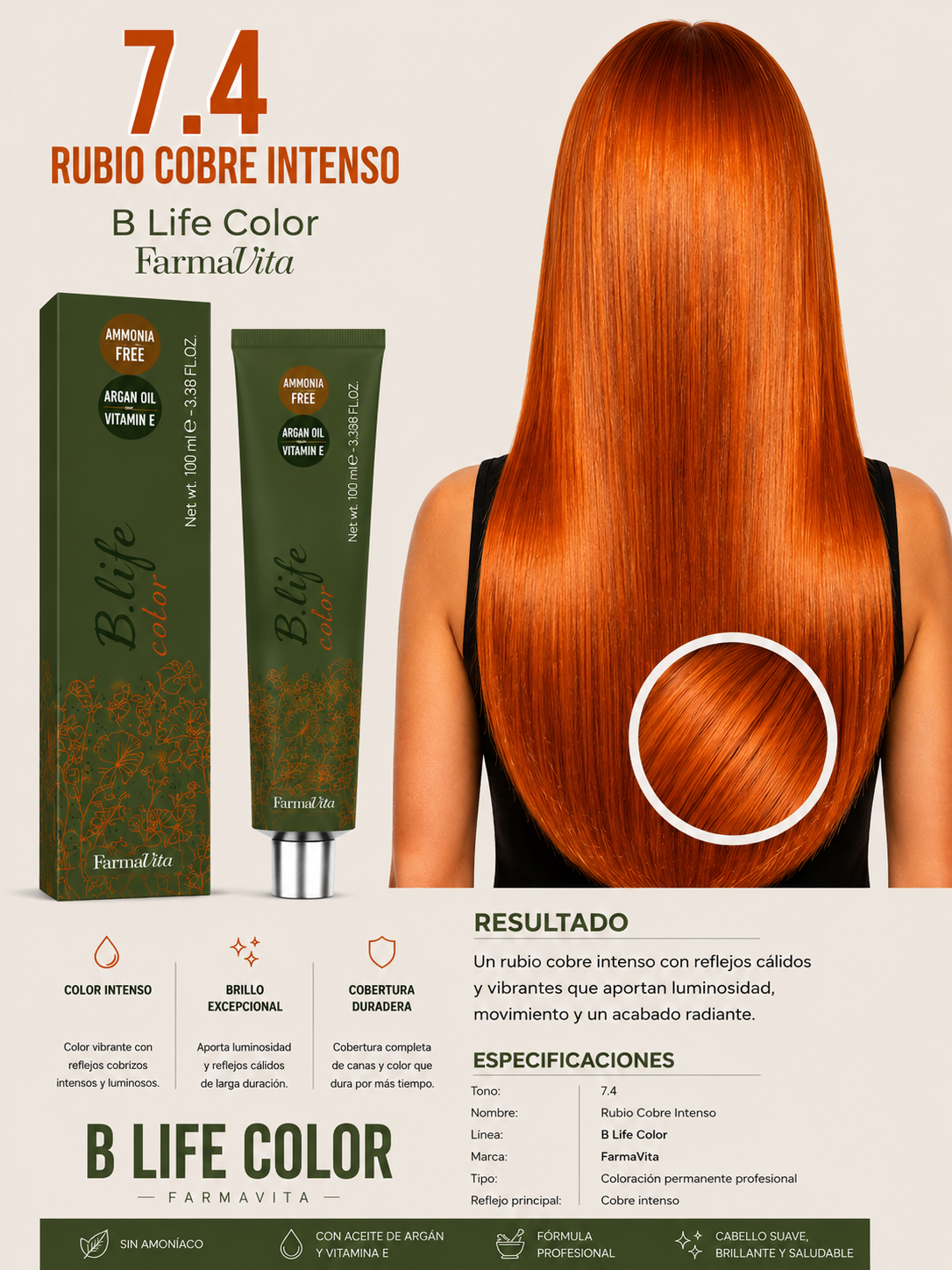 🧡 Tinte B Life Color FarmaVita 7.4 – Rubio Cobre