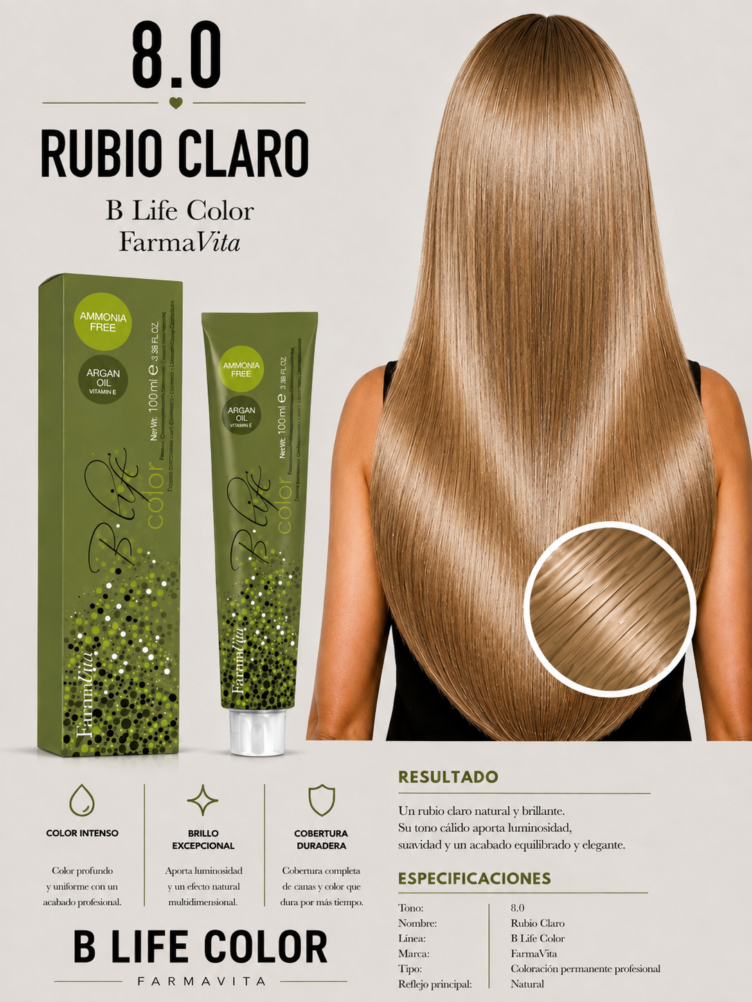 TINTURA B LIFE COLOR FARMAVITA 8.0 RUBIO CLARO ✨