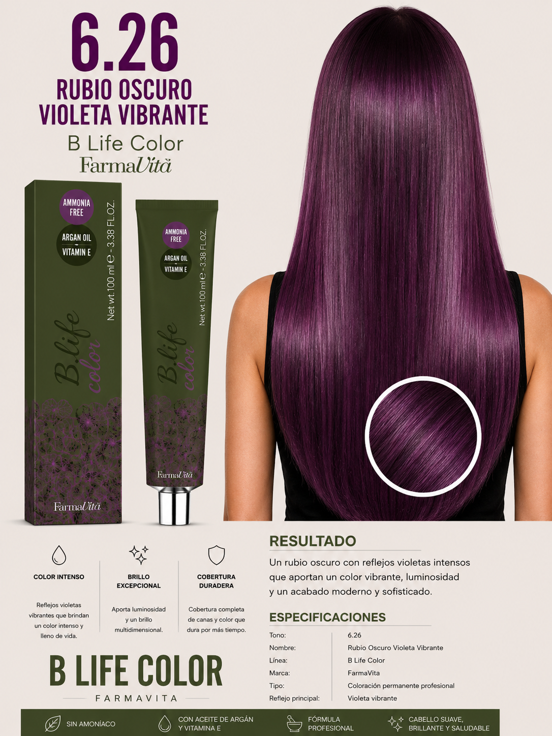 💜 Tinte B Life Color FarmaVita 6.26 – Rubio Oscuro Violeta Vibrante