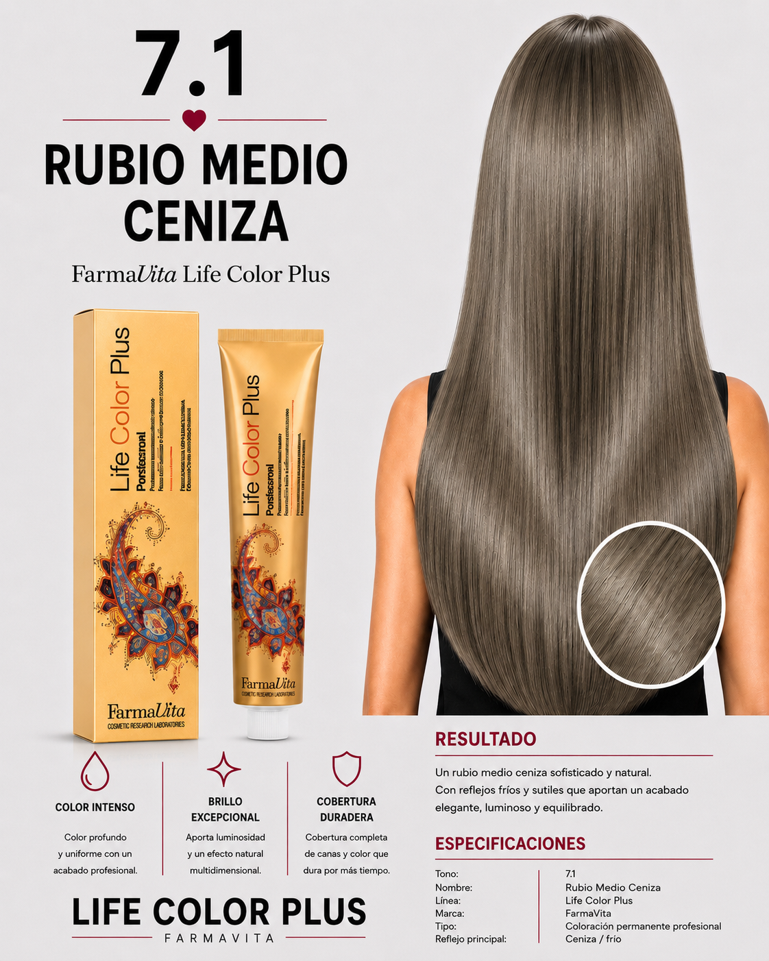 Farmavita Life Color Plus 7.1 Rubio Medio Ceniza – Tintura Profesional 100 ml