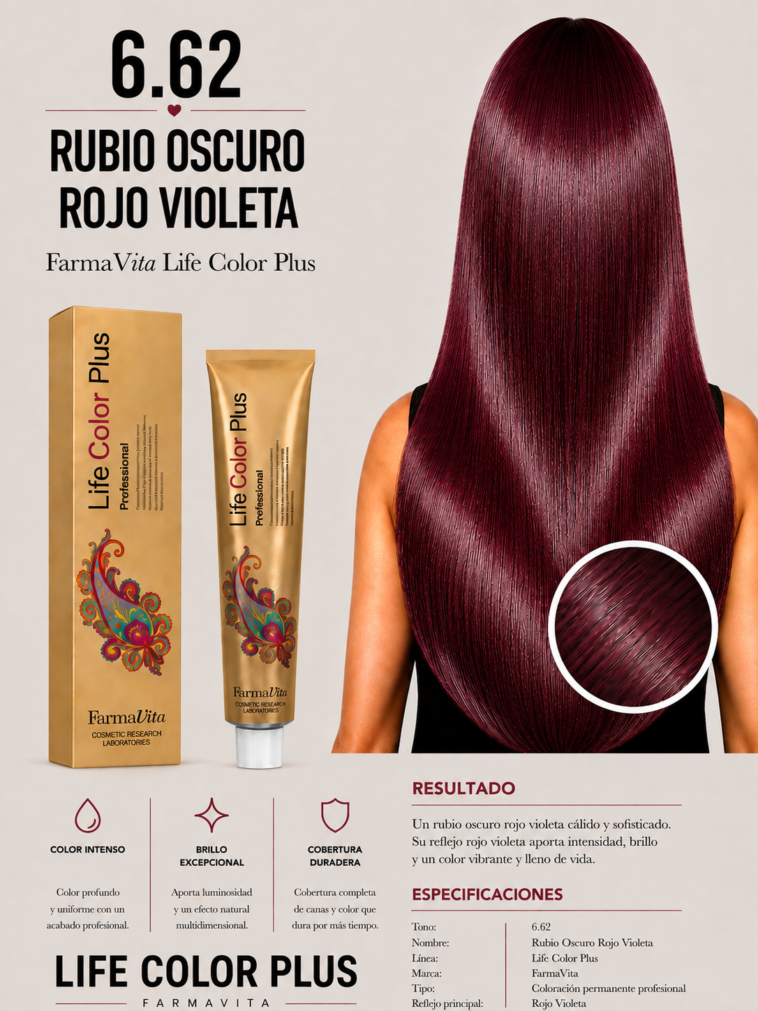FarmaVita Life Color Plus 6.62 Rubio Oscuro Rojo Violeta | Tintura Profesional
