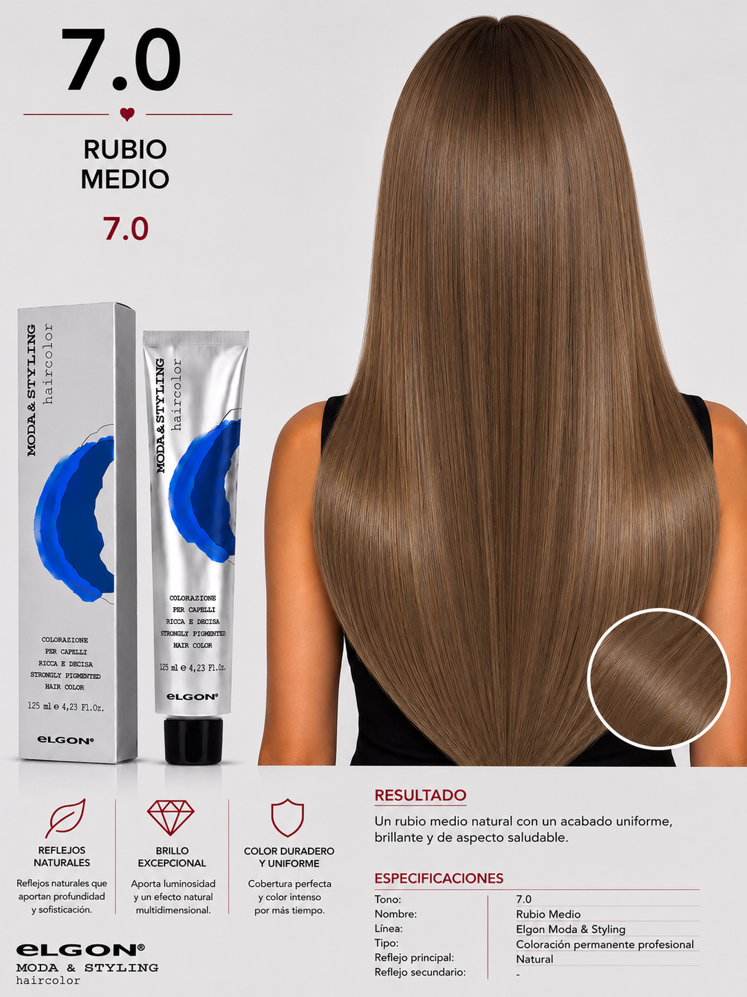 Elgon Moda & Styling 7.0 Rubio Medio | Tintura Profesional Permanente 125 ml