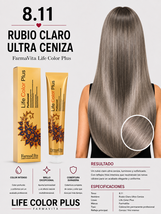 Tintura FarmaVita Life Color Plus 8.11 Rubio Claro Ultra Ceniza Profesional