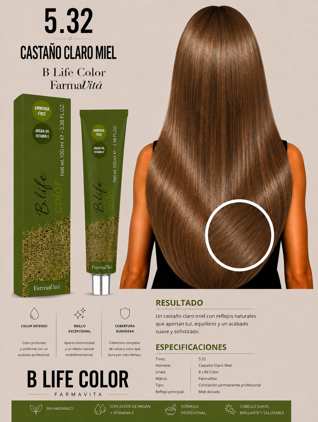 🍯✨ B Life Color Farmavita 5.32 – Castaño Claro Miel ✨