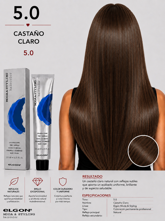 Elgon Moda & Styling 5.0 Castaño Claro | Tintura Profesional Permanente 125 ml