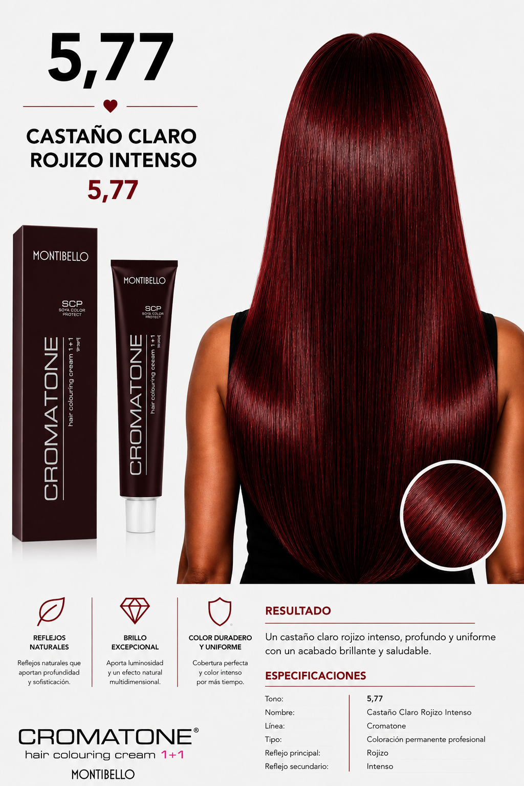 Tintura Cromatone Montibello 5.77 Castaño Claro Rojizo Intenso | Coloración Profesional Permanente