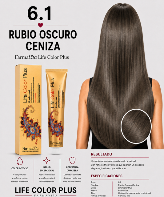 Farmavita Life Color Plus 6.1 Rubio Oscuro Ceniza – Tintura Profesional 100 ml