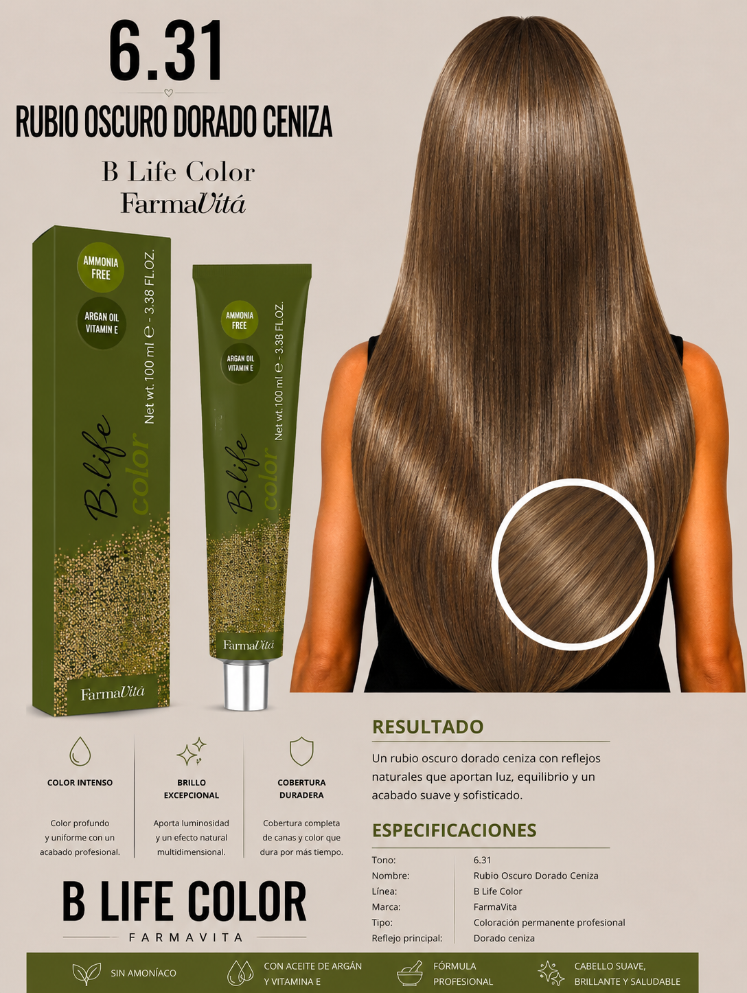 Tinte B Life Color Farmavita 6.31 – Rubio Oscuro Dorado Ceniza ✨