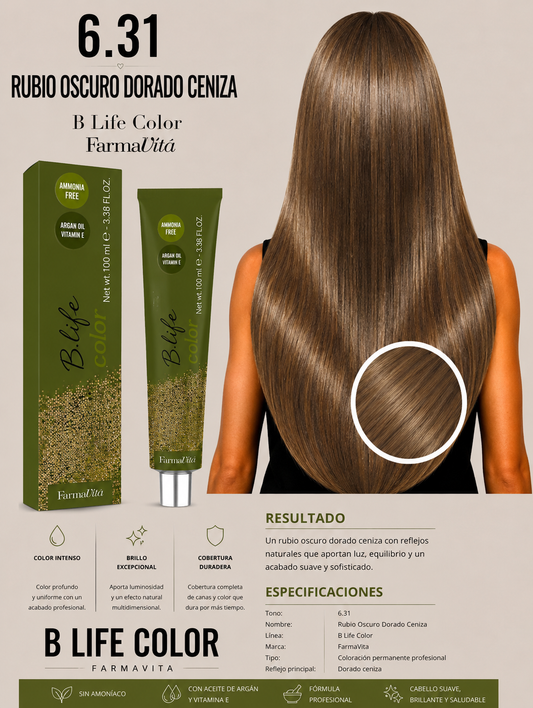Tinte B Life Color Farmavita 6.31 – Rubio Oscuro Dorado Ceniza ✨
