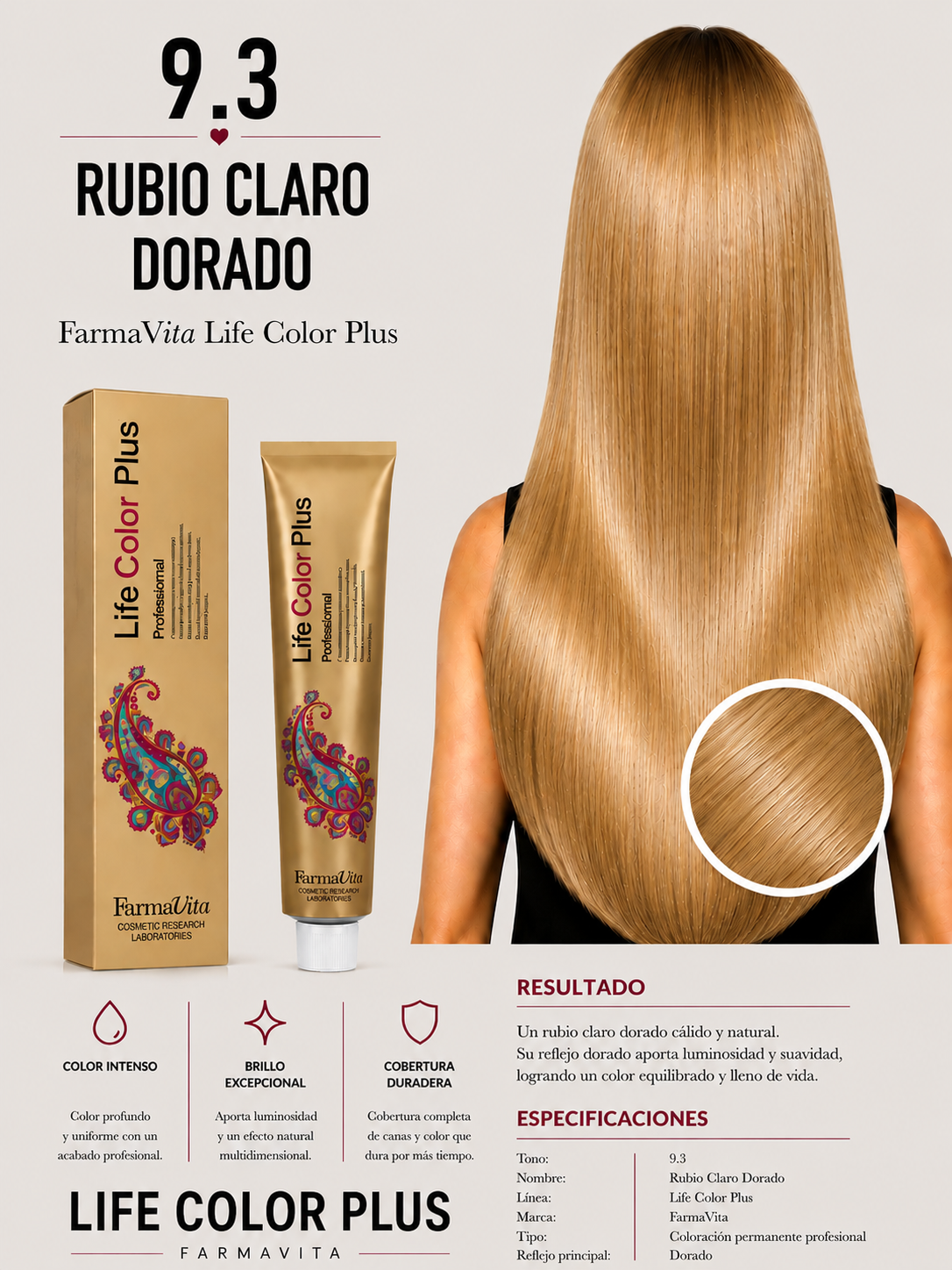 FarmaVita Life Color Plus 9.3 Rubio Claro Dorado | Tintura Profesional