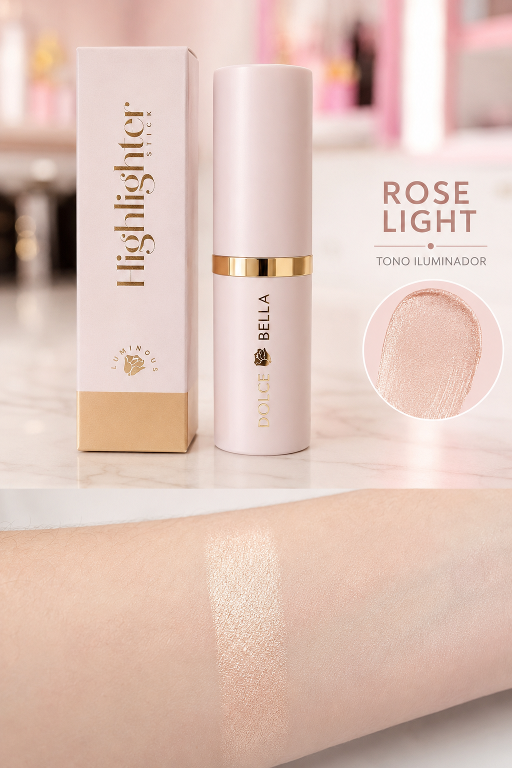 Iluminador en Barra Dolce Bella Highlighter Stick Rose Light | Glow Natural y Luminoso