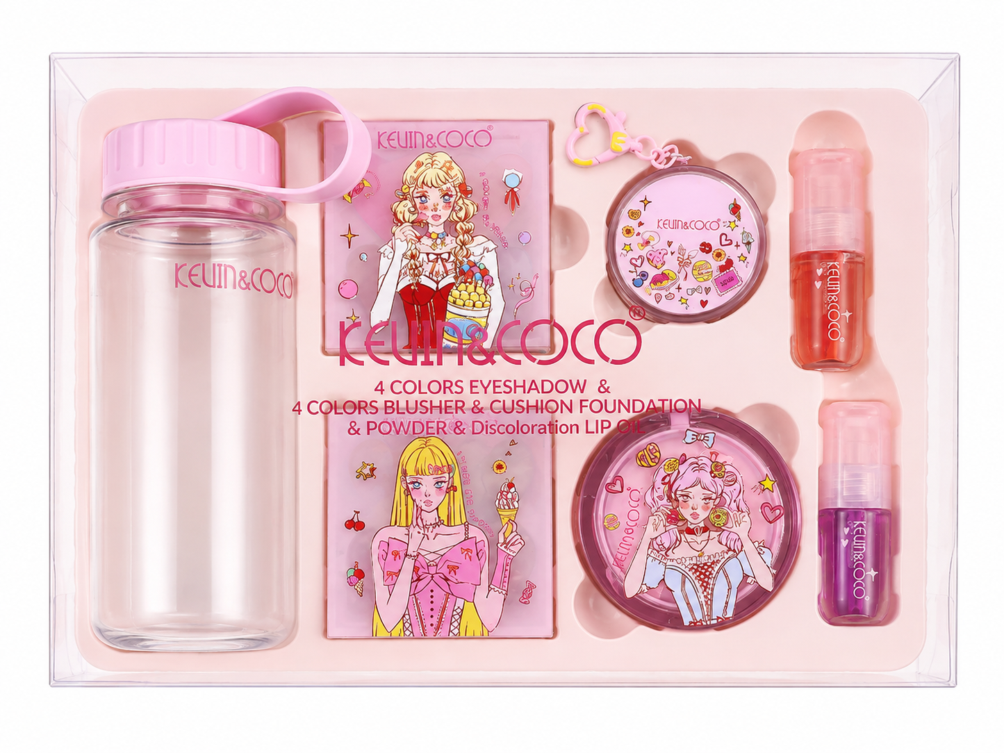 Set de Maquillaje Kevin & Coco Kawaii con Botella | Kit de Belleza Completo