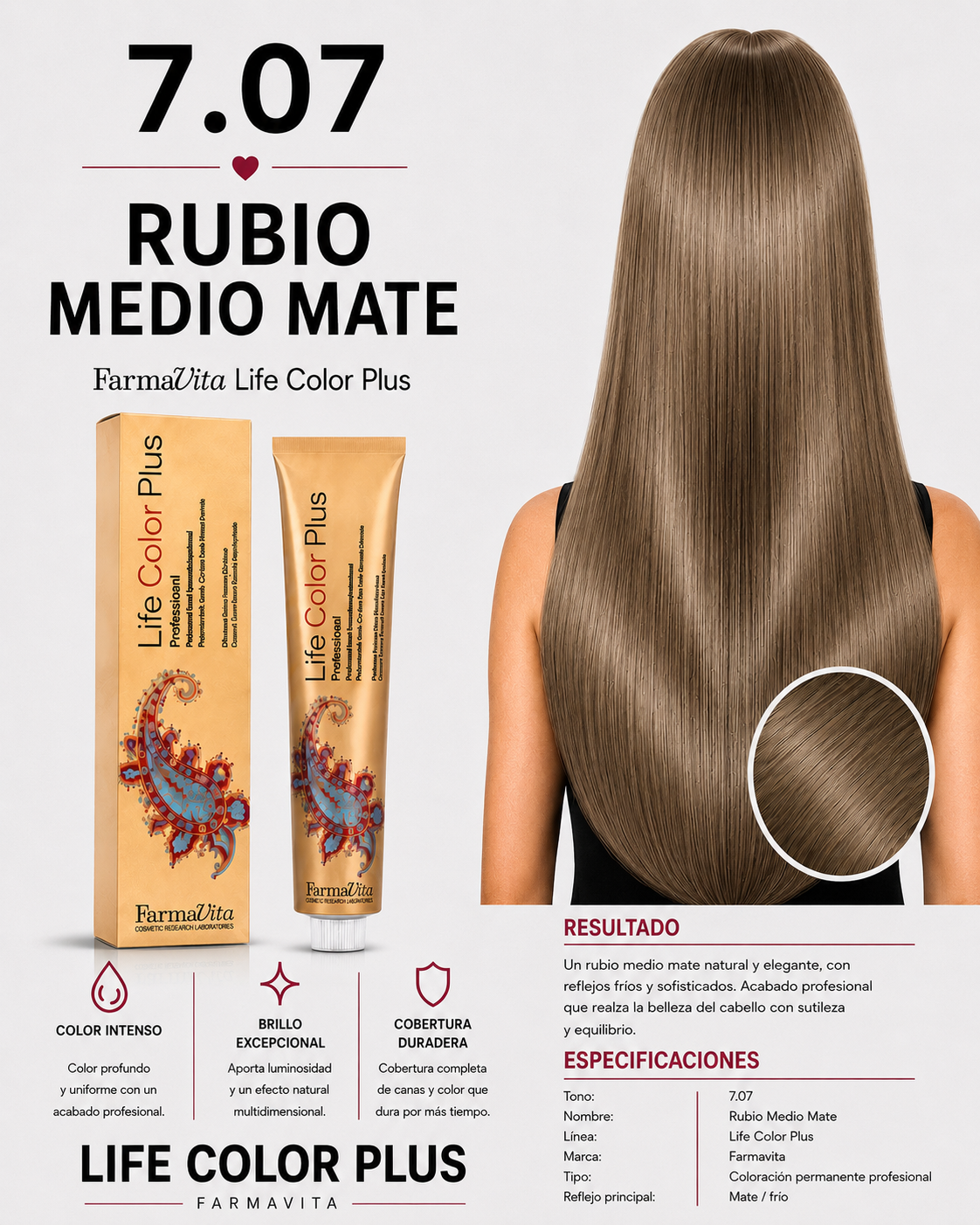 Farmavita Life Color Plus 7.07 Rubio Medio Mate – Tintura Profesional 100 ml