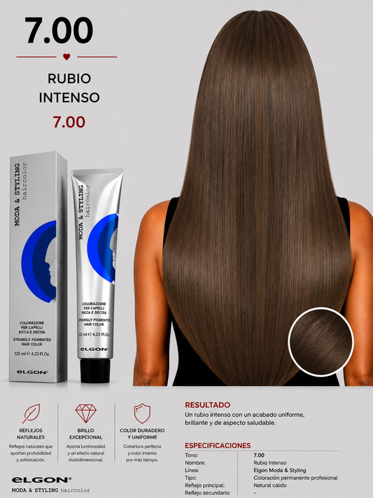 🤎 Elgon Moda & Styling 7.00 Rubio Intenso | Tintura Profesional Permanente 125 ml