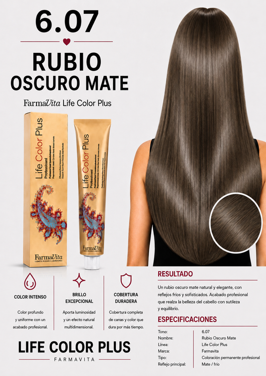 Farmavita Life Color Plus 6.07 Rubio Oscuro Mate – Tintura Profesional 100 ml