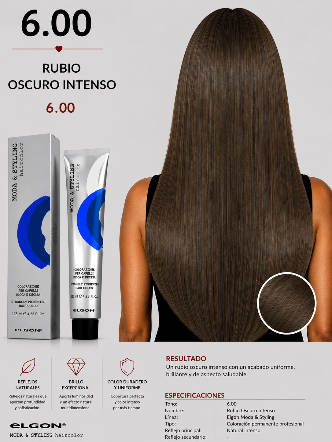 Elgon Moda & Styling 6.00 Rubio Oscuro Intenso | Tintura Profesional Permanente 125 ml