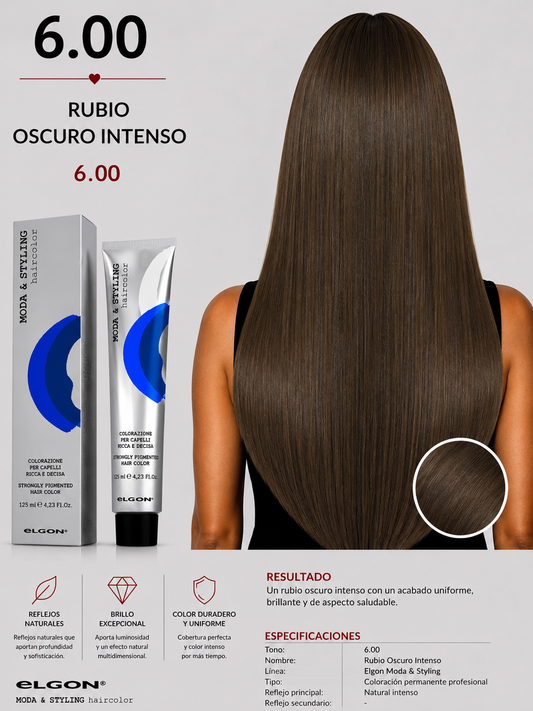Elgon Moda & Styling 6.00 Rubio Oscuro Intenso | Tintura Profesional Permanente 125 ml