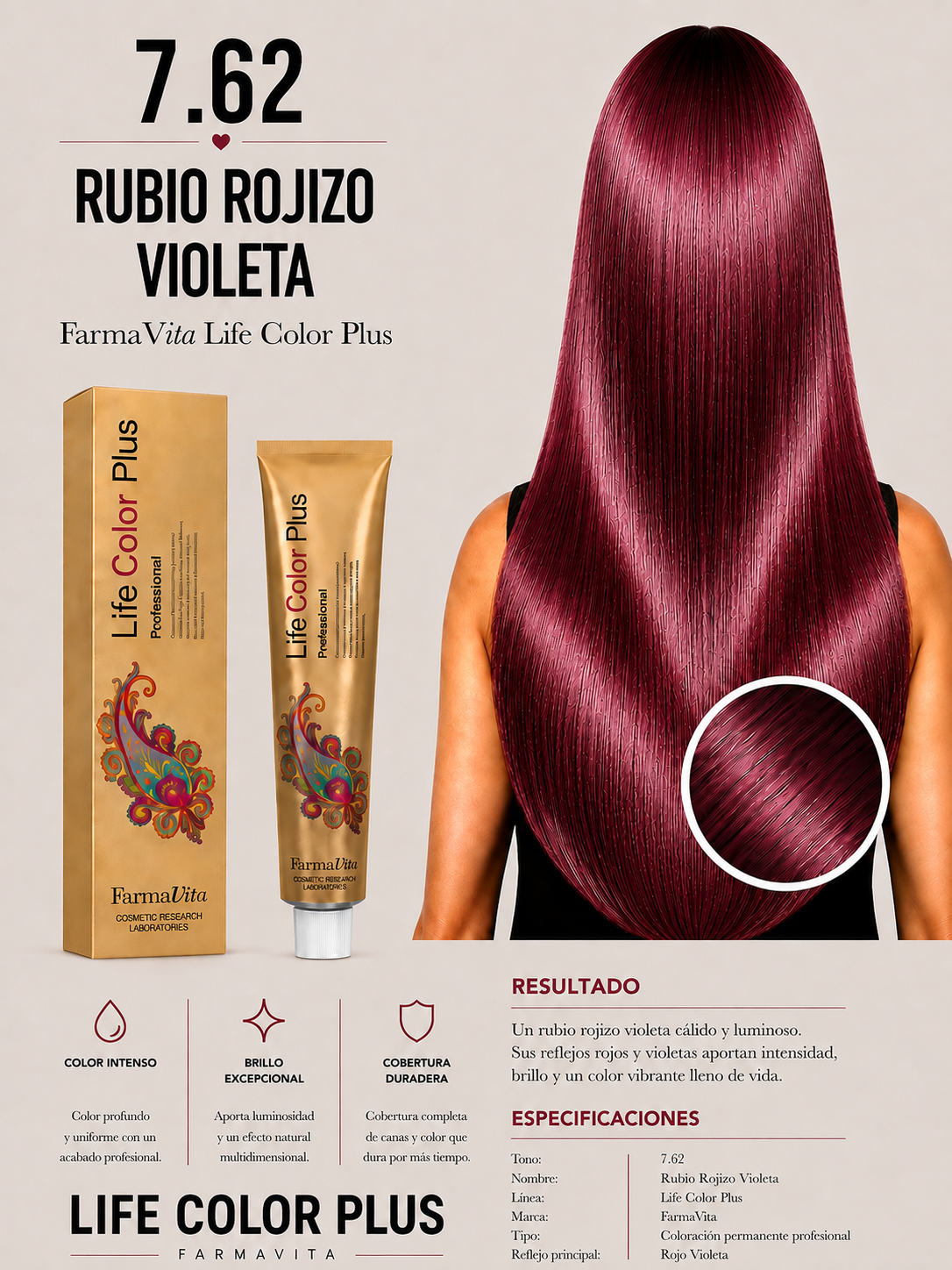 FarmaVita Life Color Plus 7.62 Rubio Rojizo Violeta | Tintura Profesional