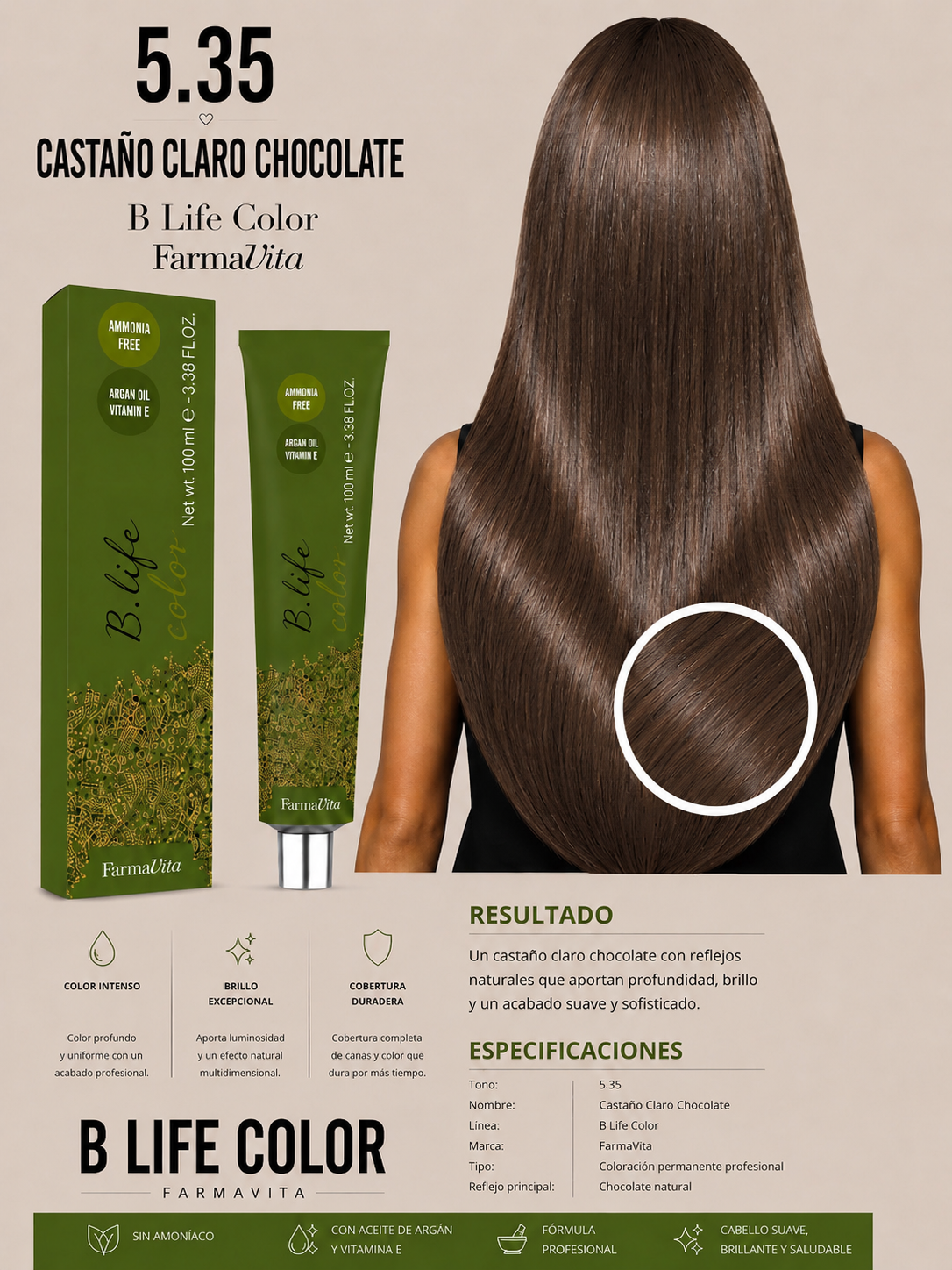✨ B Life Color Farmavita 5.35 – Castaño Claro Chocolate 🍫🤎