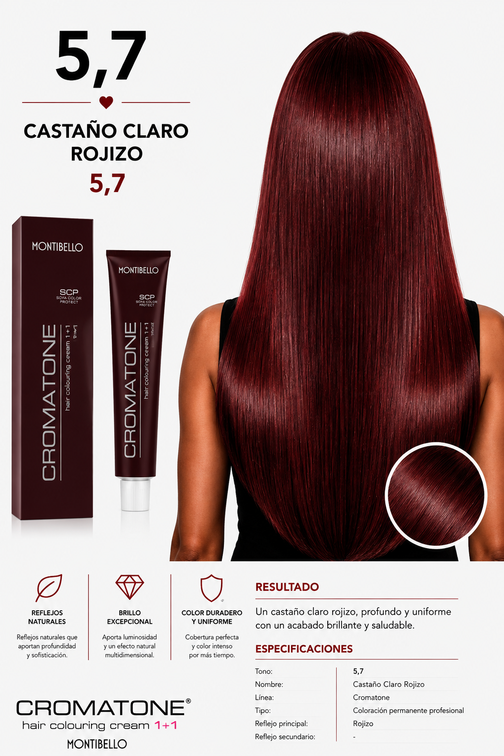 Tintura Cromatone Montibello 5.7 Castaño Claro Rojizo | Coloración Profesional Permanente