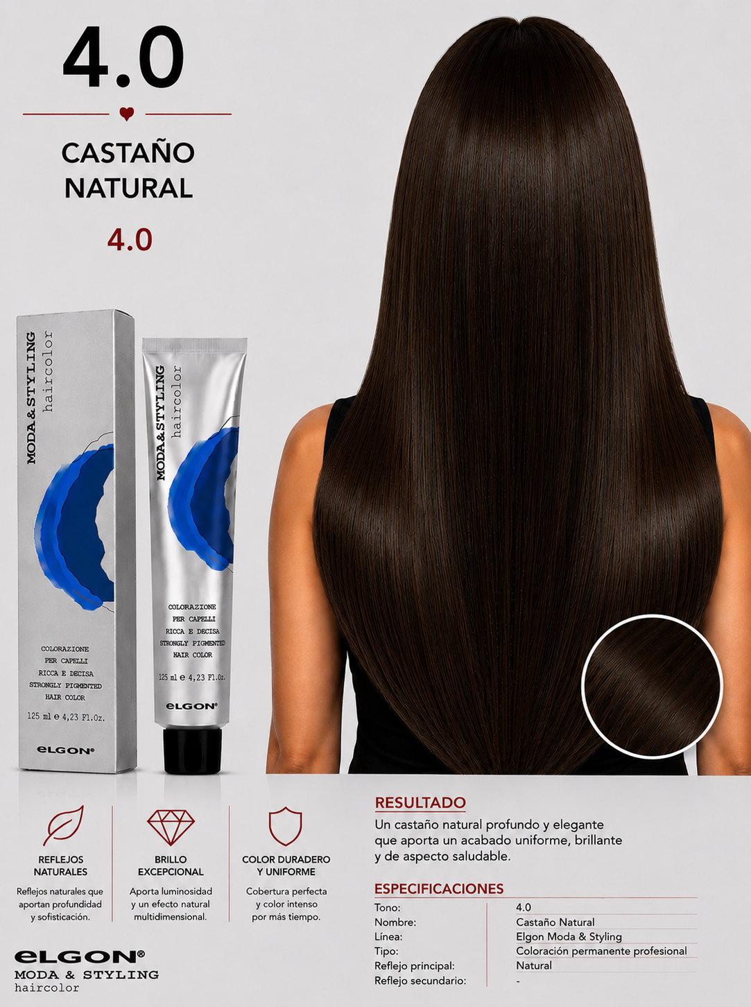 🤎 Elgon Moda & Styling 4.0 Castaño Natural | Tintura Profesional Permanente 125 ml