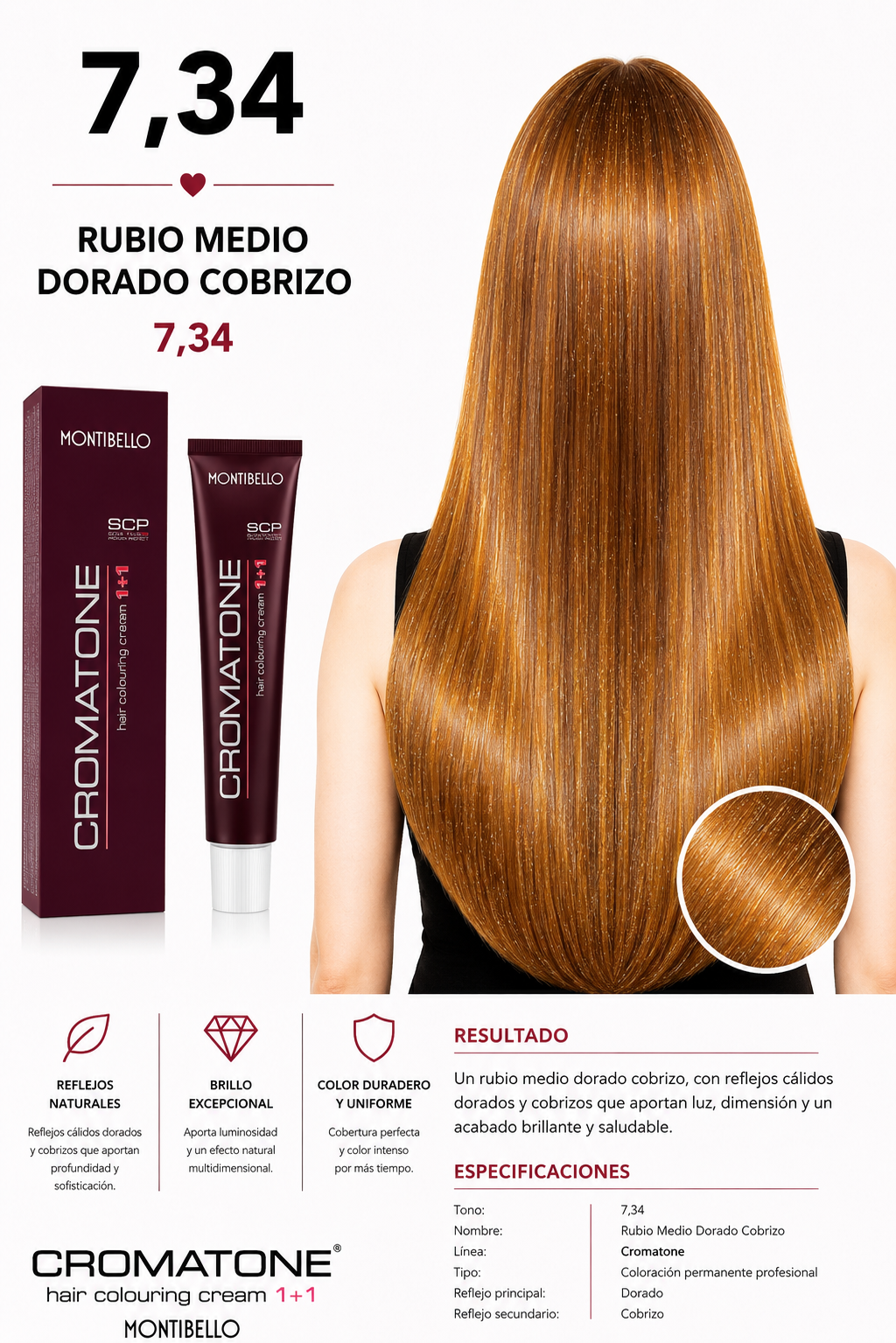 Cromatone Montibello 7.34 Rubio Medio Dorado Cobrizo | Tintura Profesional