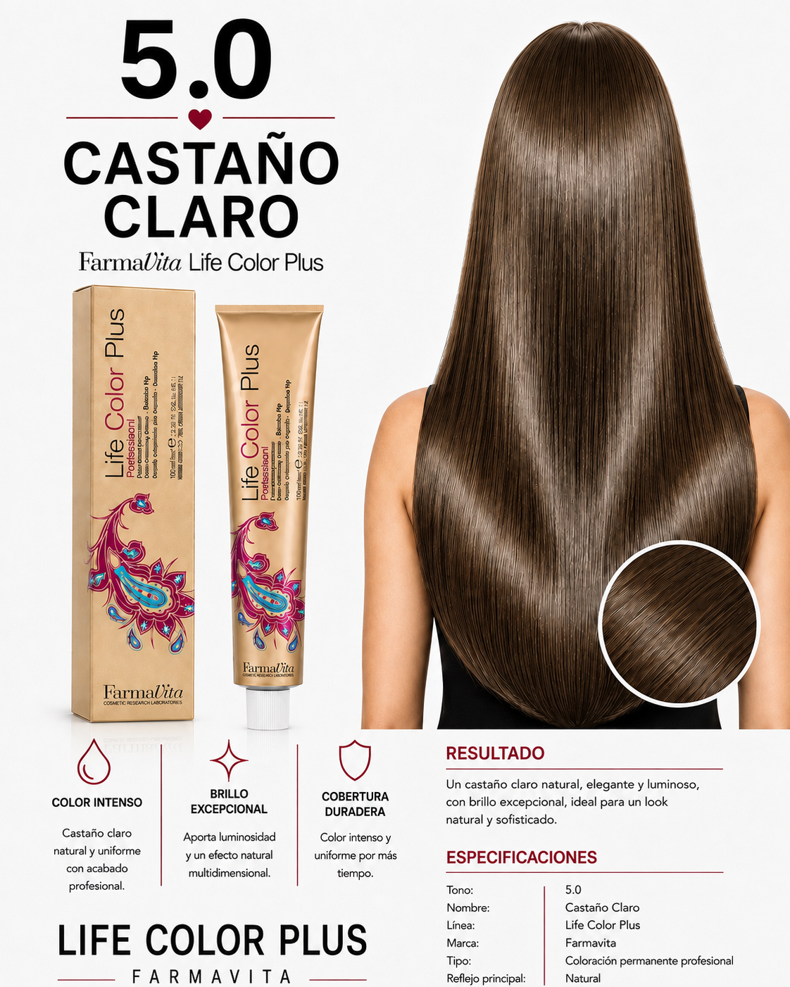 Farmavita Life Color Plus 5.0 Castaño Claro – Tintura Profesional 100 ml
