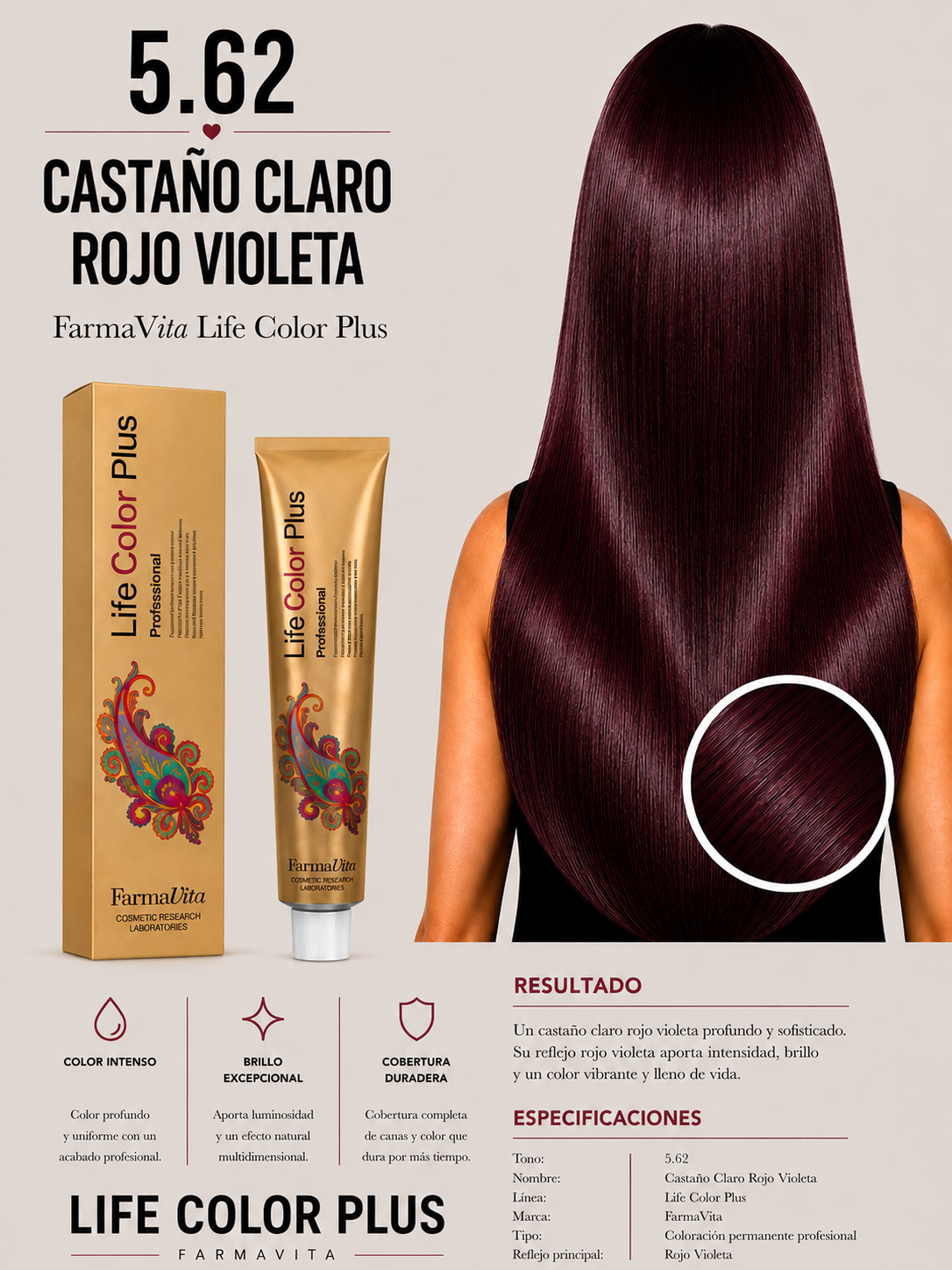 Tinte Farmavita Life Color Plus 5.62 Castaño Claro Rojo Violeta | Coloración Profesional