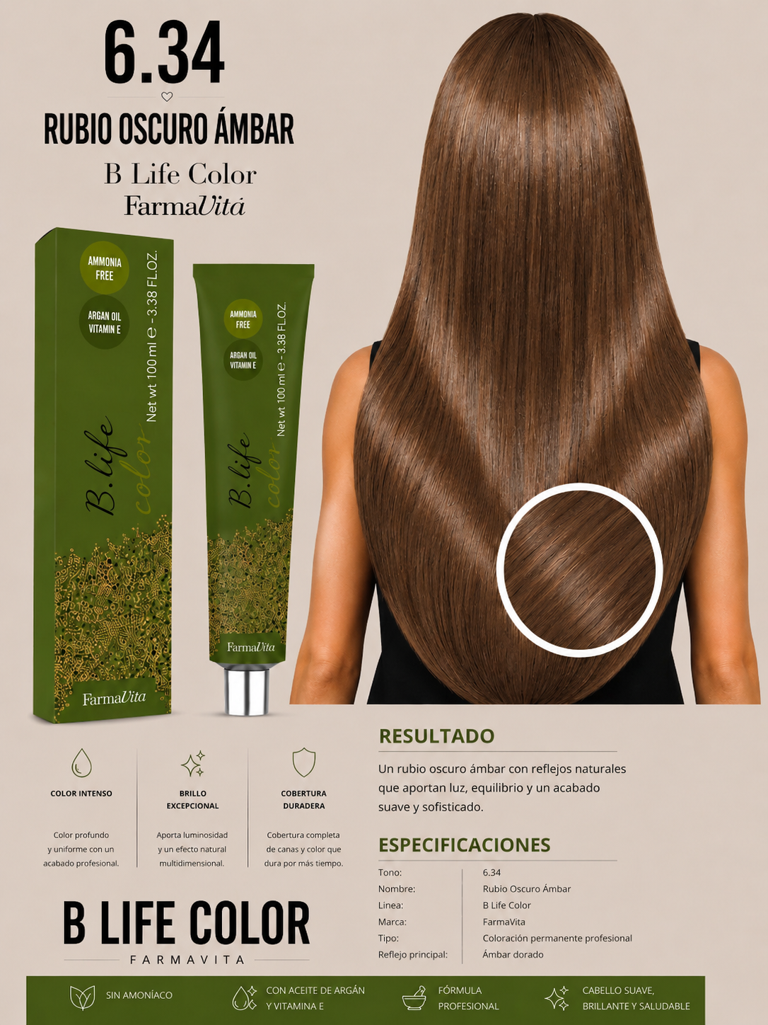 🤎✨ B Life Color Farmavita 6.34 – Rubio Oscuro Ámbar ✨