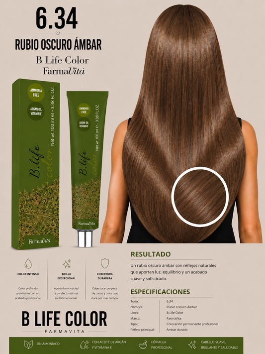 🤎✨ B Life Color Farmavita 6.34 – Rubio Oscuro Ámbar ✨