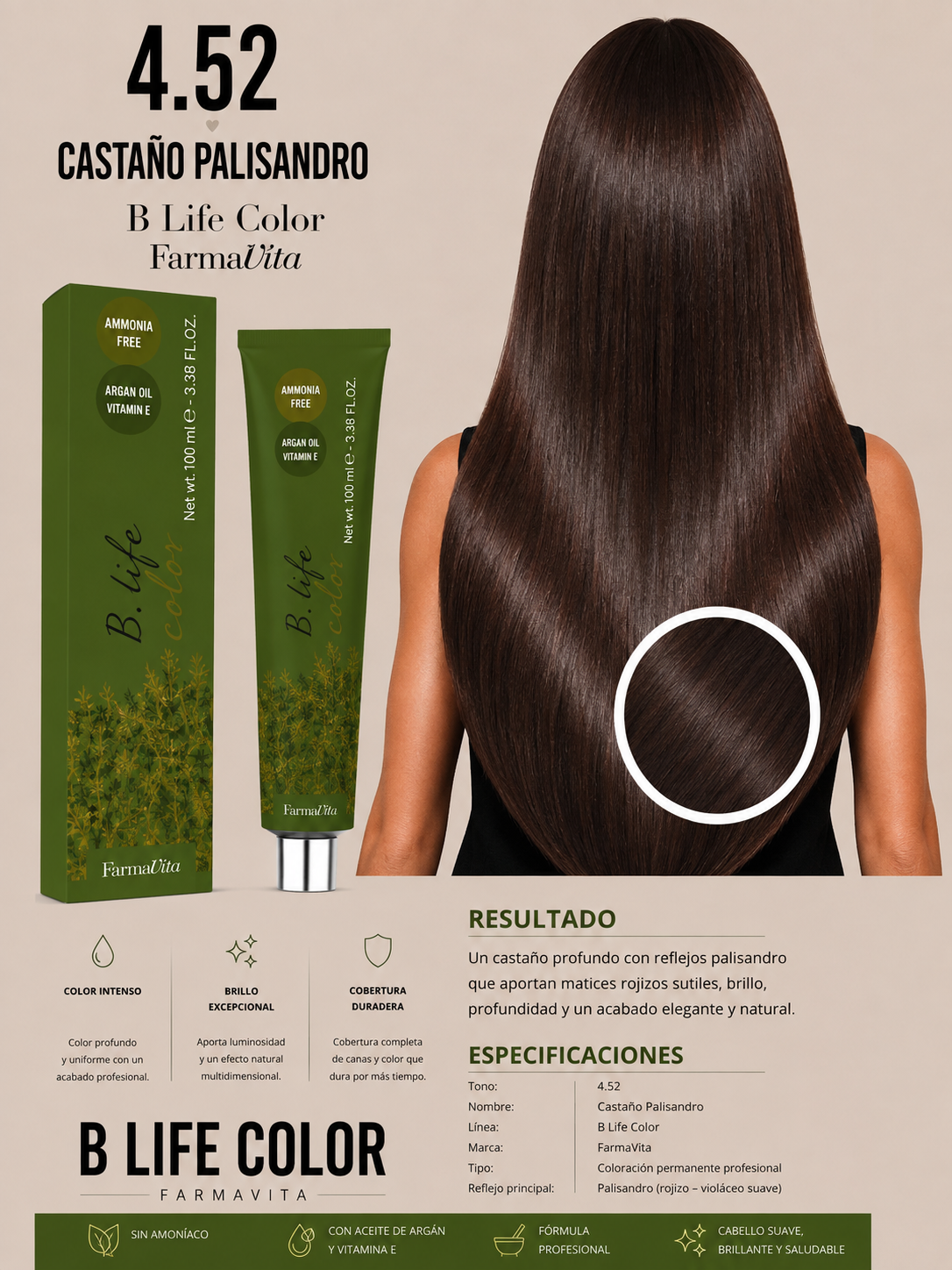 🤎 Tinte B Life Color Farmavita 4.52 – Castaño Palisandro