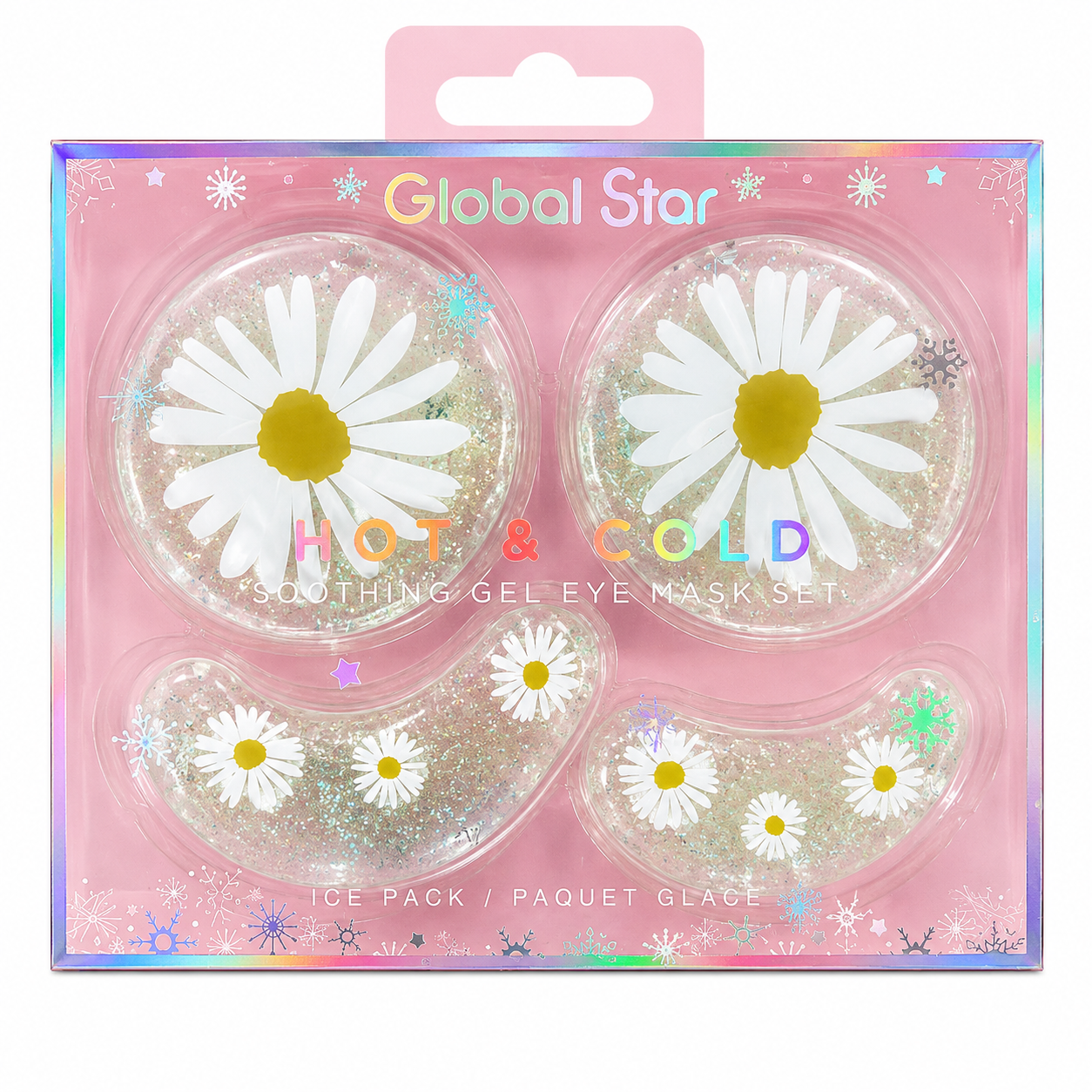 Global Star Hot & Cold Soothing Gel Eye Mask Set – Pepino 🥒– Flor Rosa 🌸– Margarita 🌼-🍊 Naranja