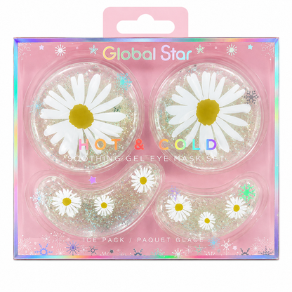 Global Star Hot & Cold Soothing Gel Eye Mask Set – Pepino 🥒– Flor Rosa 🌸– Margarita 🌼-🍊 Naranja