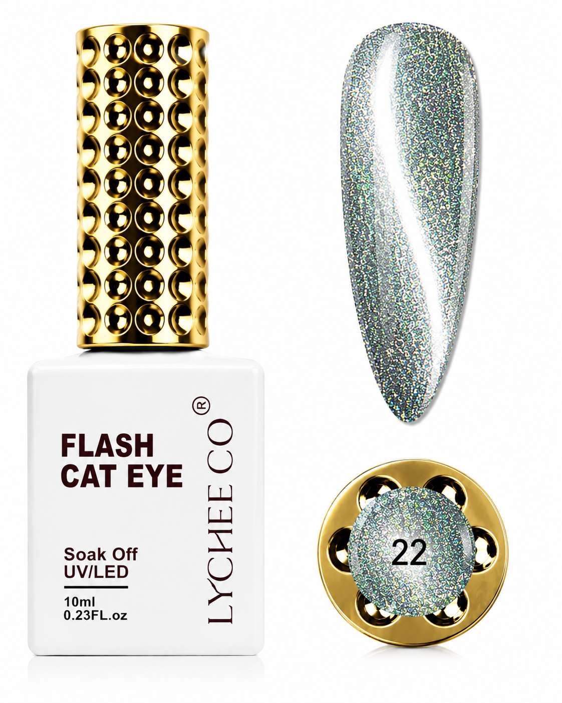 Flash Cat Eye LYCHEECO N°22 – Plata Holográfico con Destellos Verdes