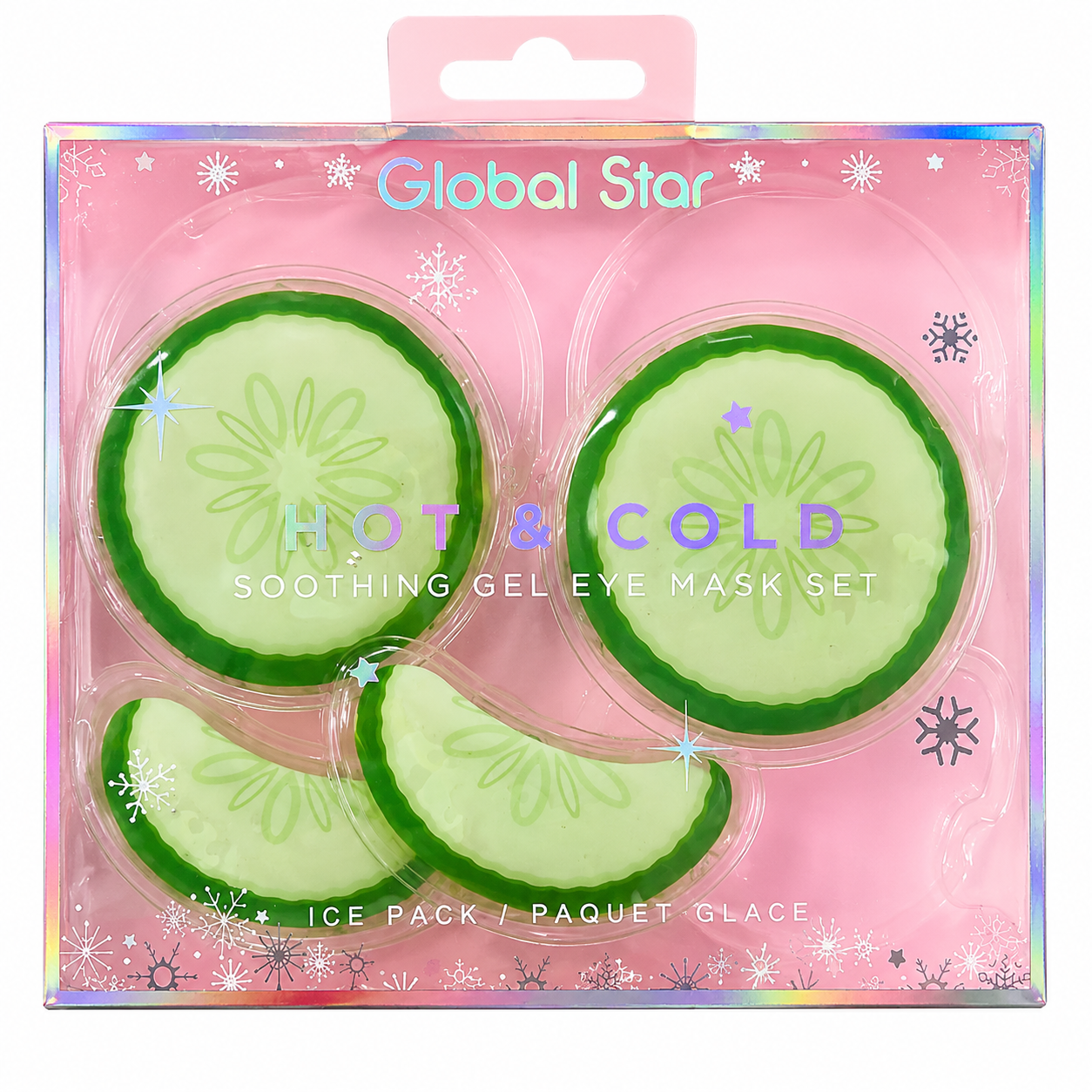 Global Star Hot & Cold Soothing Gel Eye Mask Set – Pepino 🥒– Flor Rosa 🌸– Margarita 🌼-🍊 Naranja